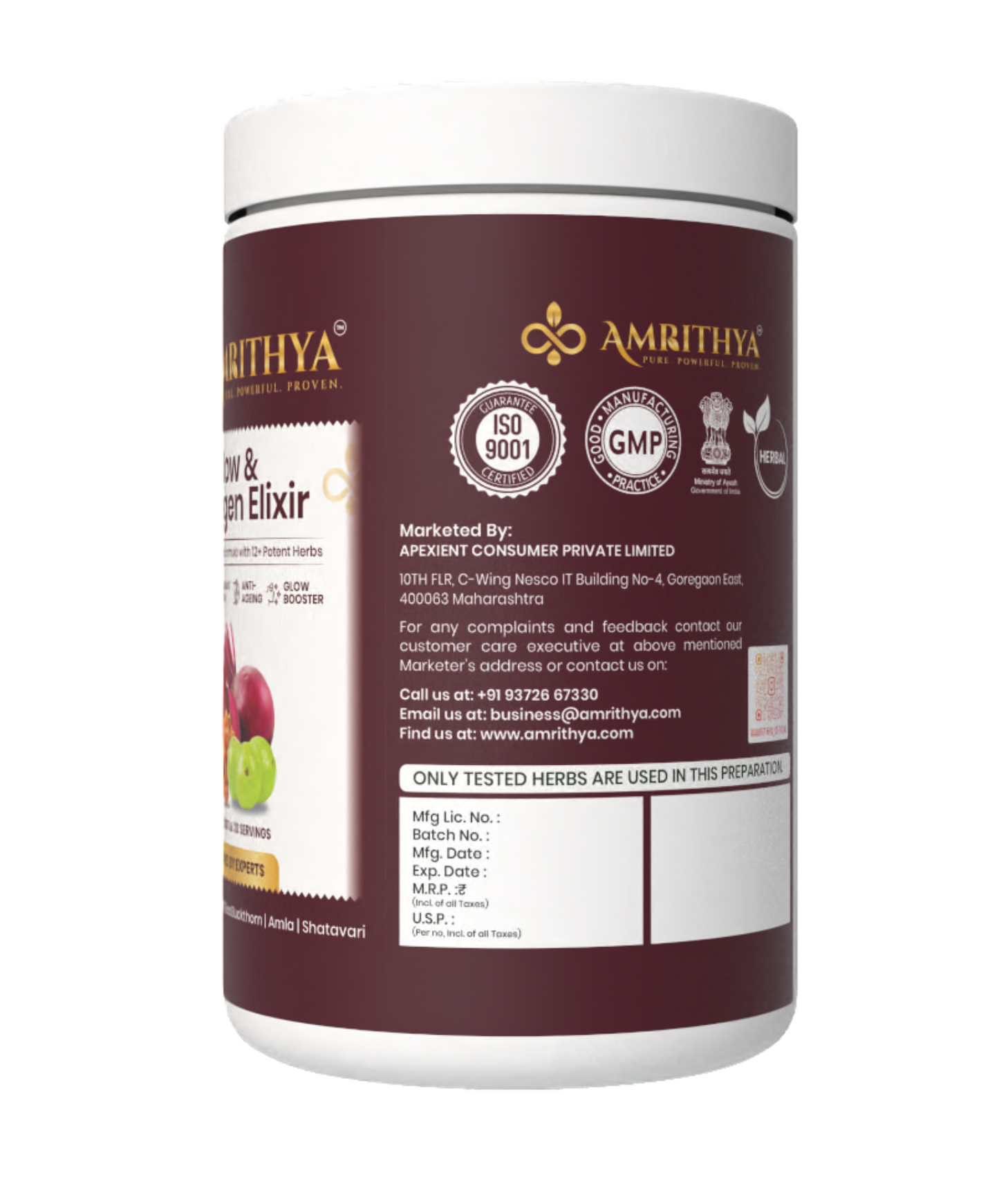 Natural collagen supplement by Amrithya to boost skin glow manufacture details