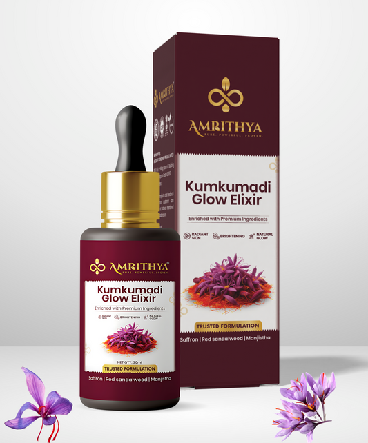 Kumkumadi Glow Elixir body oil by Amrithya with saffron, red sandalwood, manjishta and yashtimadhu for radiant skin and reduced pigmentation.